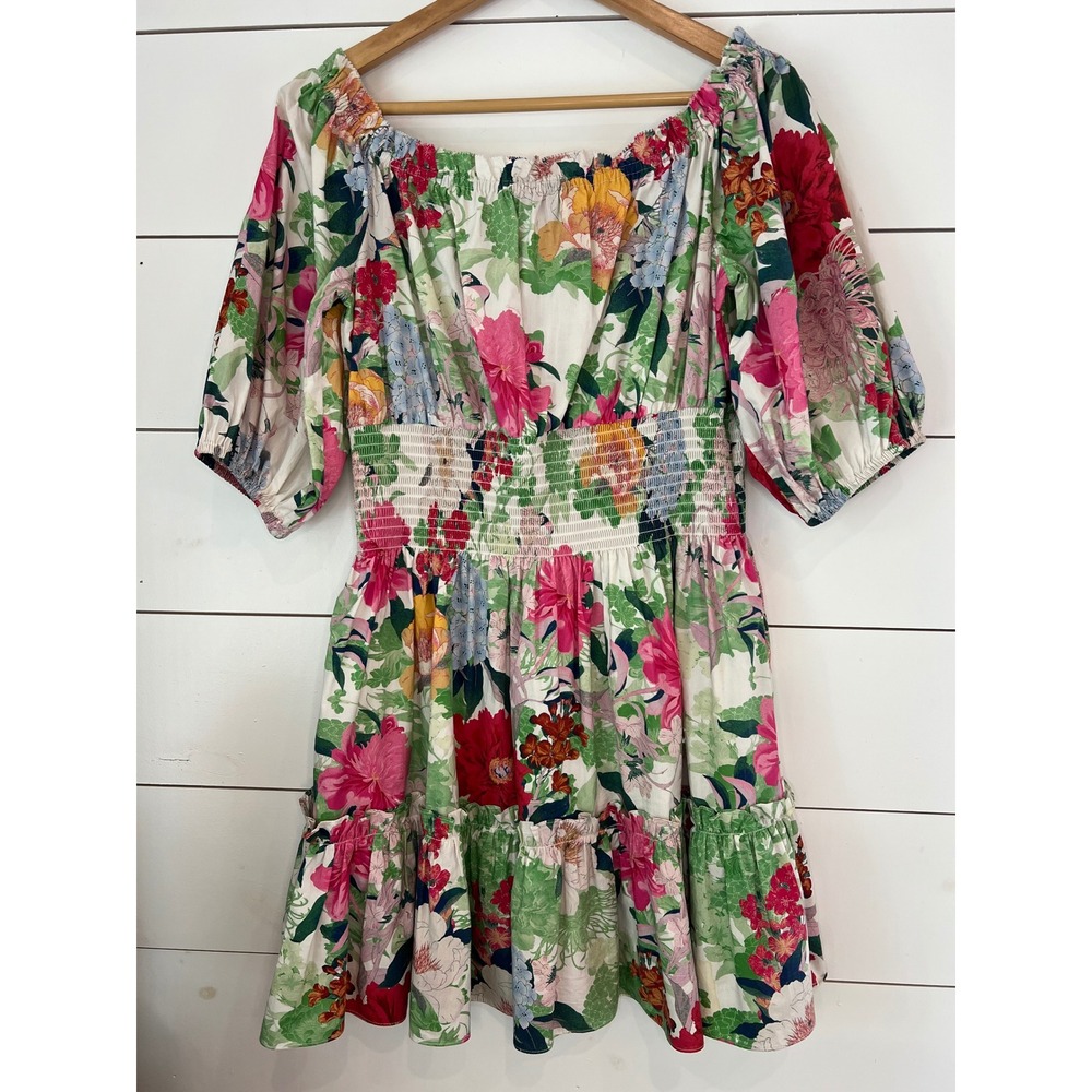 Cara Cara Floral Smocked Mini Dress Pink Cotton Puff Sleeve cottagecore wedding - Picture 5 of 8